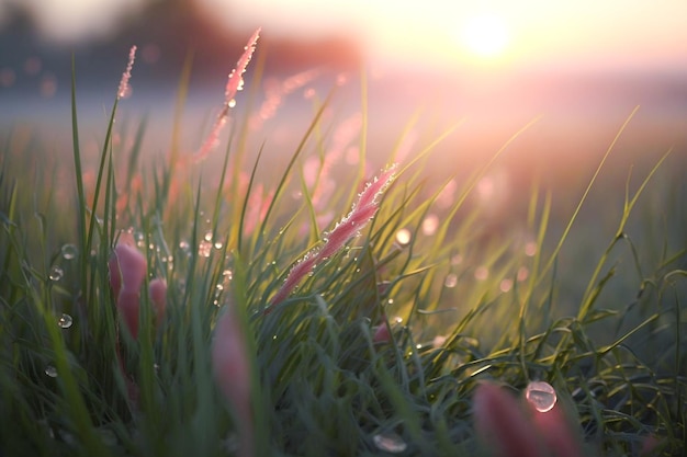 A close up of grass with the sun shining on it