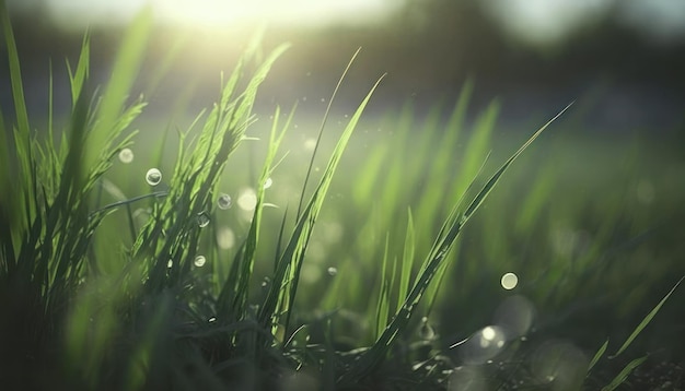 A close up of grass with the sun shining on it