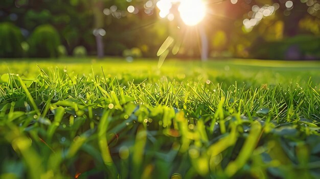 Photo a close up of grass with the sun shining through the trees