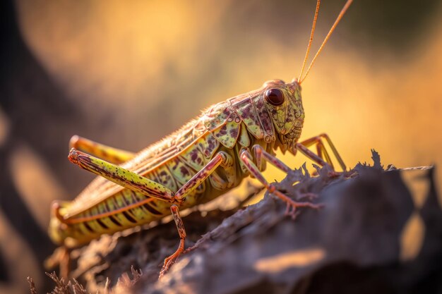 A close up of a grasshopper on a log