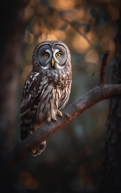 A close up of a gray owl sitting on a branch