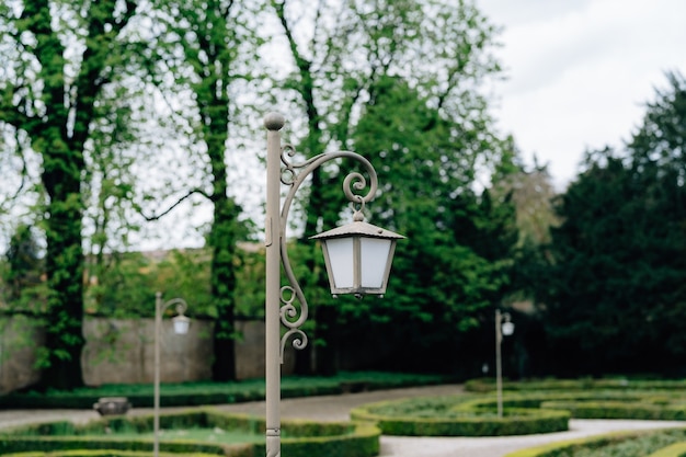 Photo close-up of a gray street lamp in the park on the alley.