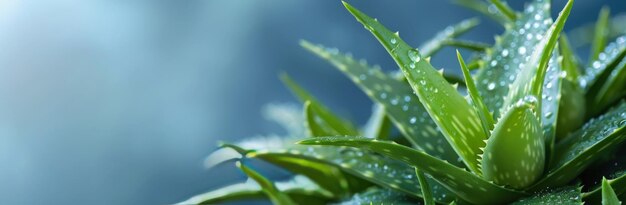 Close Up of Green Aloe Vera Plant Leaves Against a Blue Background