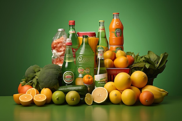 A close up of a green background with a bunch of food items