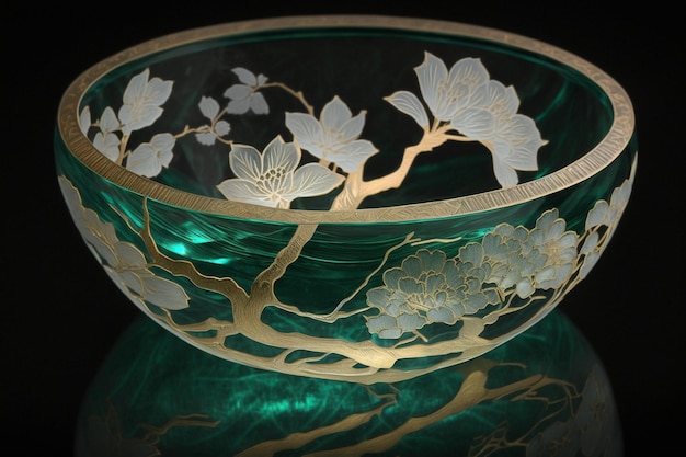 Close up of green bowl with gold leaf design generative ai