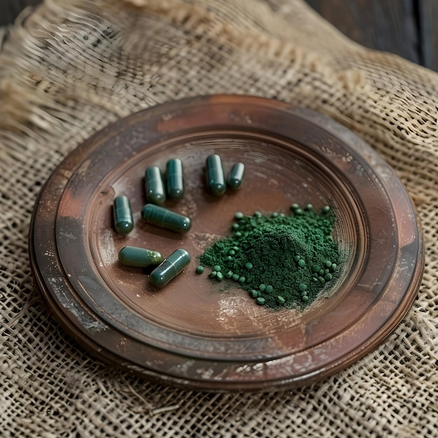 Close up Green capsules and powder on a clay brown plate on a burlap rustic background Dietary