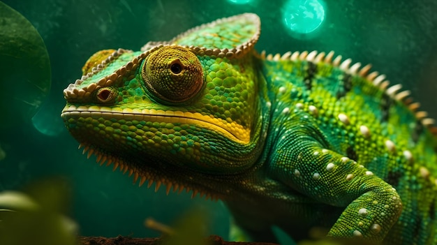 Close up of a green chameleon on a branch with blur in the background