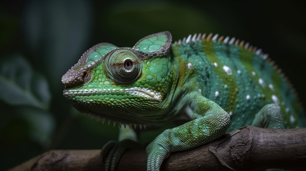 A close up of a green chamelon on a branch generative AI