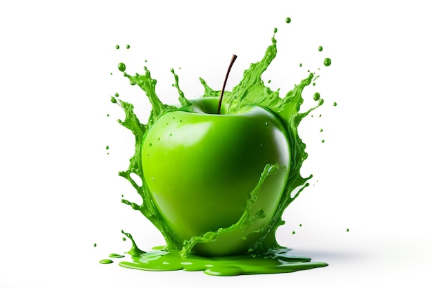 Close up green delicious fresh apple with splashing apple juice on white background Food photography