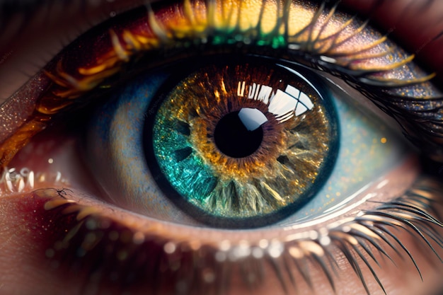 A close up of a green eye with a yellow and blue iris