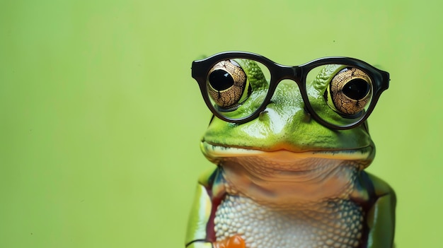 Photo close up of a green frog wearing glasses against a green background