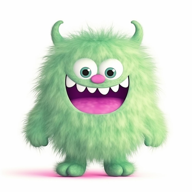 A close up of a green furry monster with a big smile generative ai