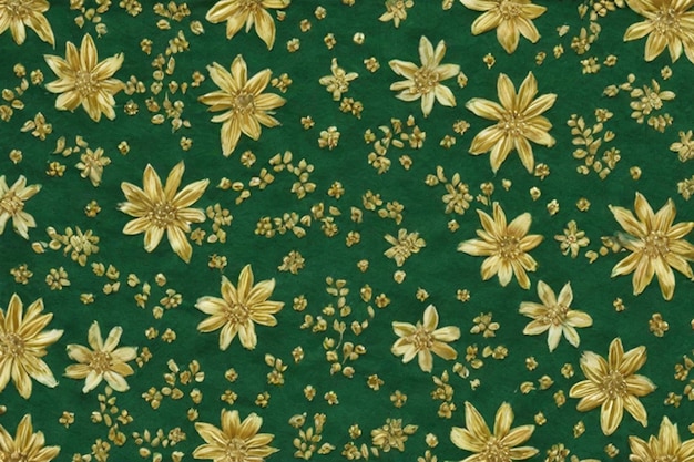 A close up of a green and gold floral fabric