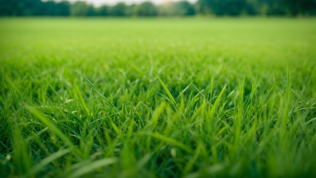 Close up green grass field with blur park background