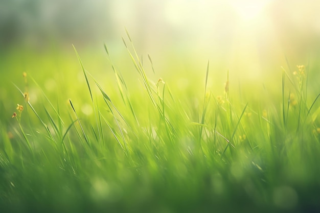 A close up of a green grass field with the sun shining on it.