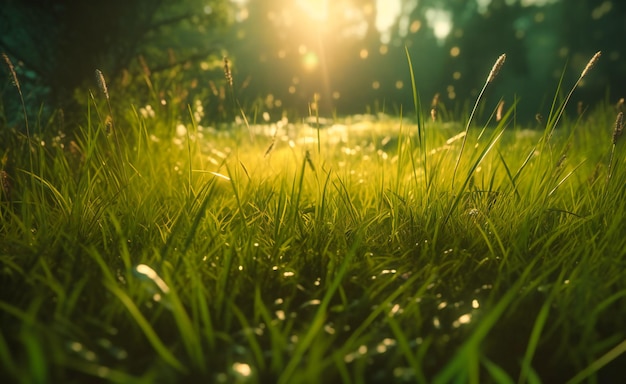 A close up of green grass and sunlight