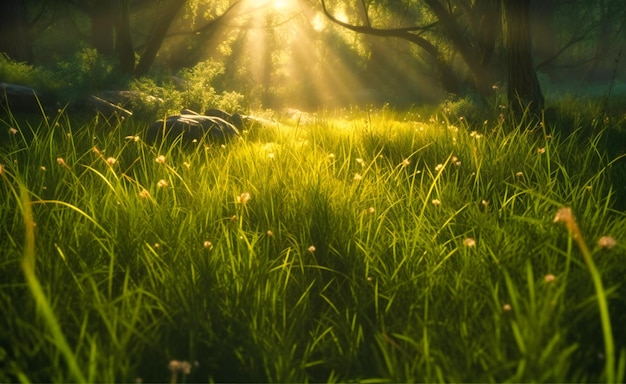 A close up of green grass and sunlight