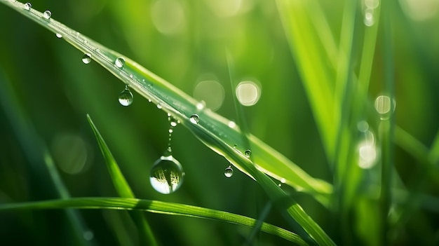 A close up of a green grass with water droplets on it