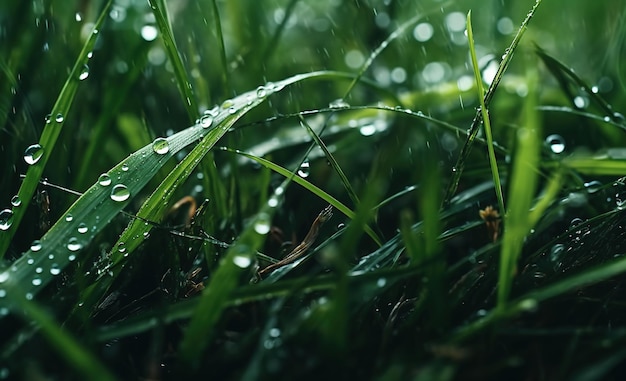 A close up of a green grass with water droplets on it