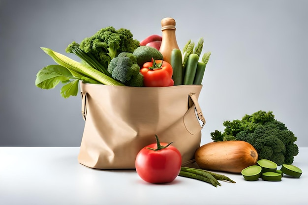 Close up green grocery bag of mixed organic green vegetables on white healthy organic green food