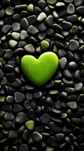 A close up of a green heart on a pile of black rocks generative ai