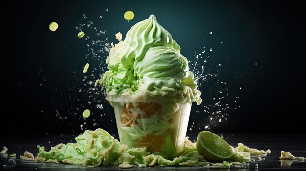 Close up of green ice cream with dark background