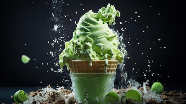 Close up of green ice cream with dark background