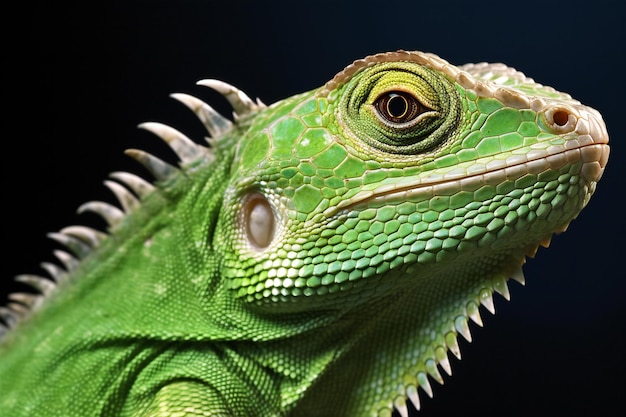 Close up of a green iguana on a black background Studio shot