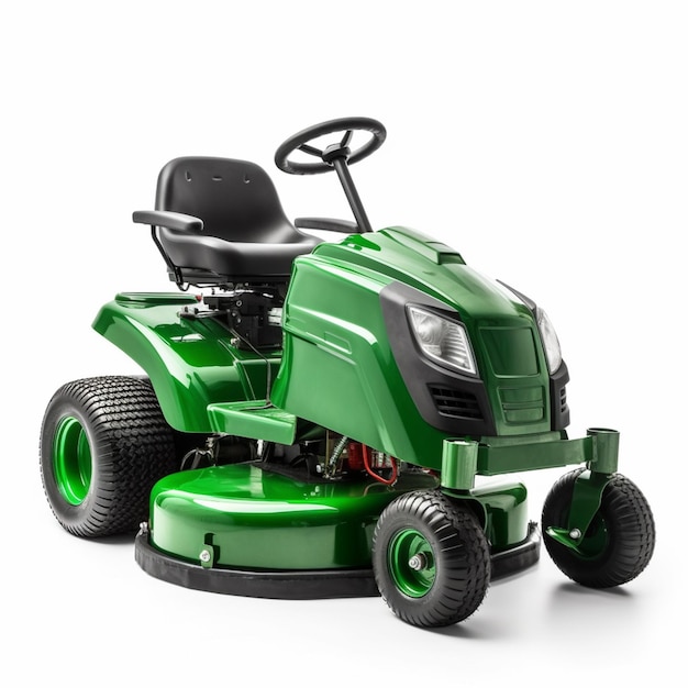 a close up of a green lawn mower on a white background generative ai