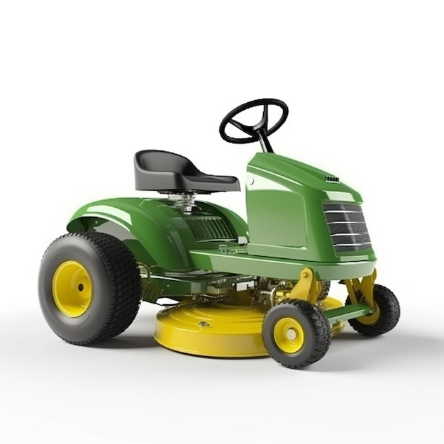 a close up of a green lawn mower with a yellow wheel generative ai