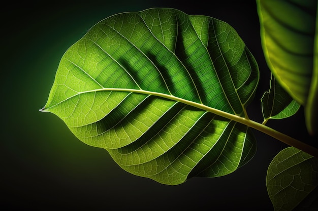 A close up of a green leaf on a black background generative AI