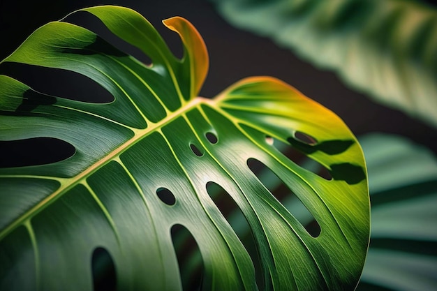 A close up of a green leaf with holes in it