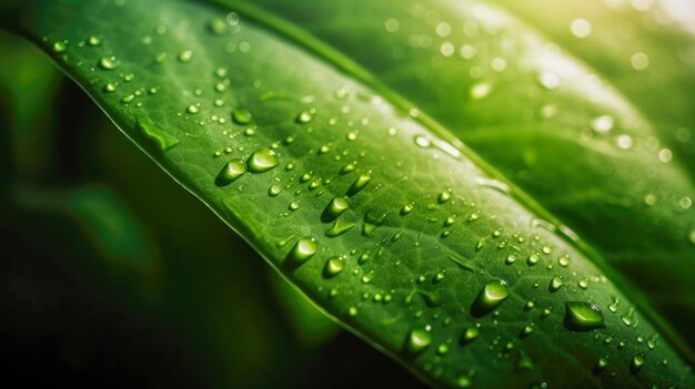 A close up of a green leaf with water droplets on it