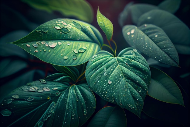 A close up of green leaves with water droplets on them.