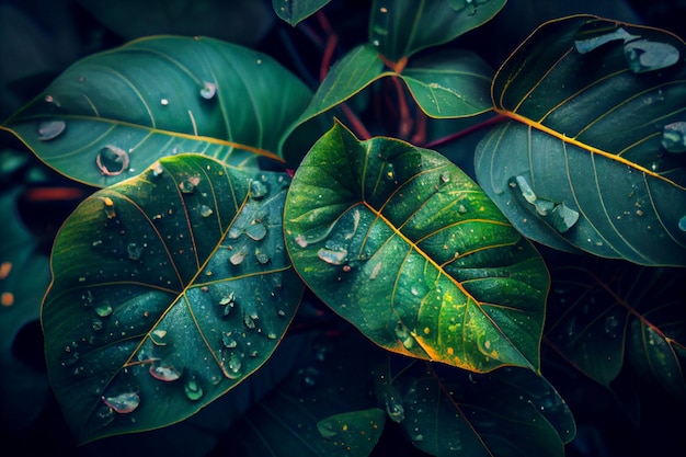 A close up of green leaves with water drops on them.