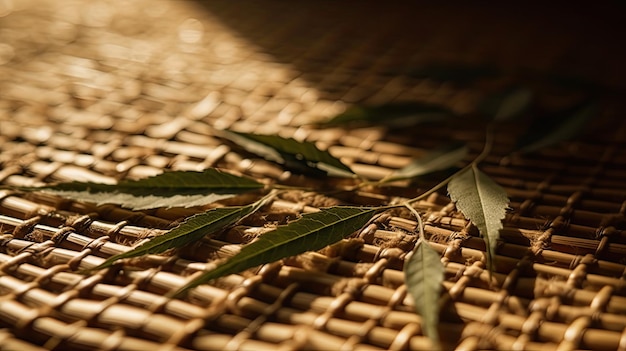 A close up of green leaves on a woven mat