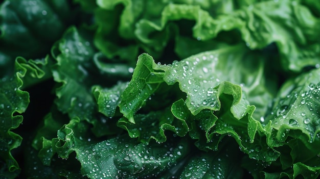 Close up of green lettuce leaves with water droplets on them