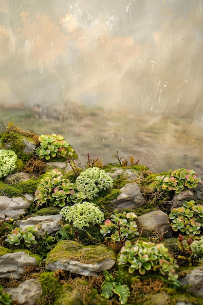 Close Up Green Mossy Rocks And Succulents