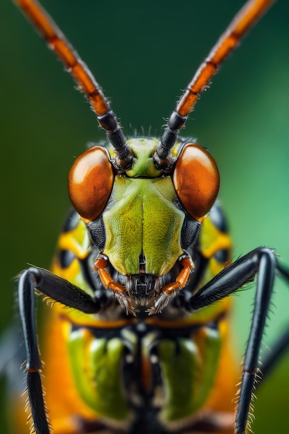 Close up of green and orange insect with large eyes and long antennae