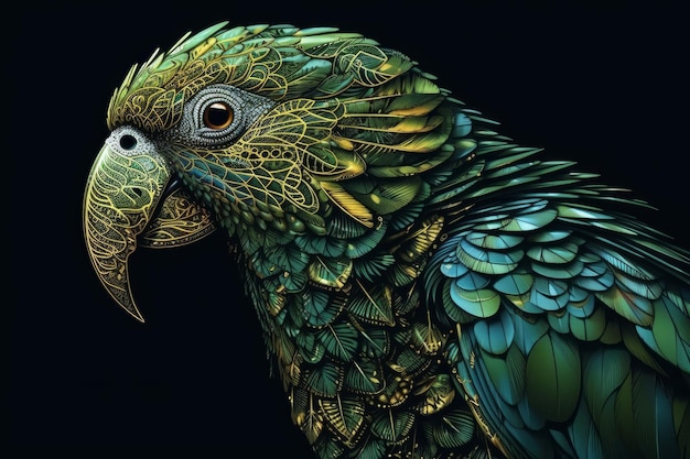 A close up of a green parrot with gold and green feathers