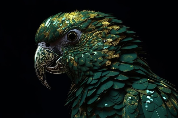 A close up of a green parrot with gold and green feathers.