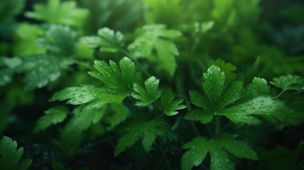 A close up of green parsley leaves with the sunlight shining on them.