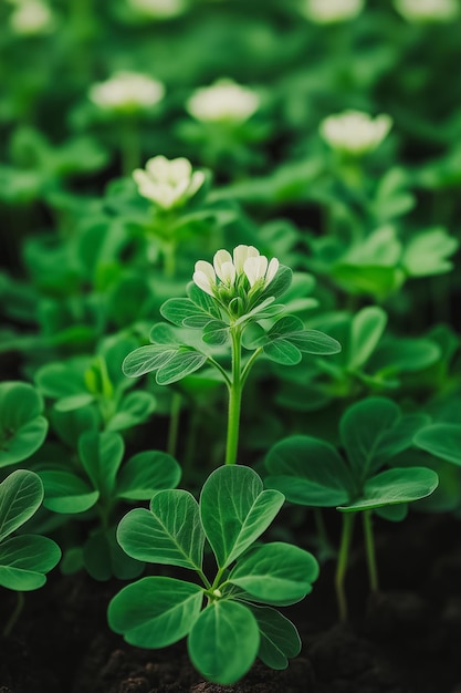 A close up of a green plant with white flowers The flowers are small and delicate and the plant is surrounded by other green plants Concept of tranquility and natural beauty