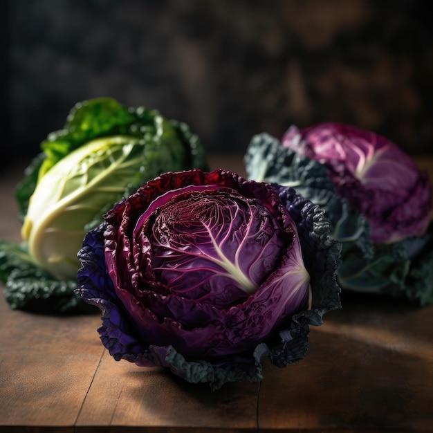 A close up of a green and red cabbage on a table generative ai