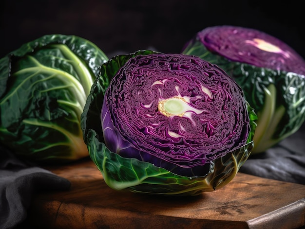 A close up of a green and red cabbage on a table generative ai