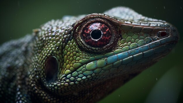 A close up of a green and red lizard's head