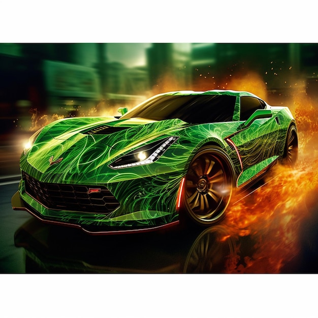 A close up of a green sports car with flames coming out of it generative ai