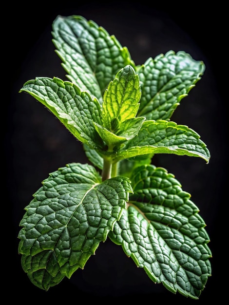 a close up of a green sprig of mint leaves