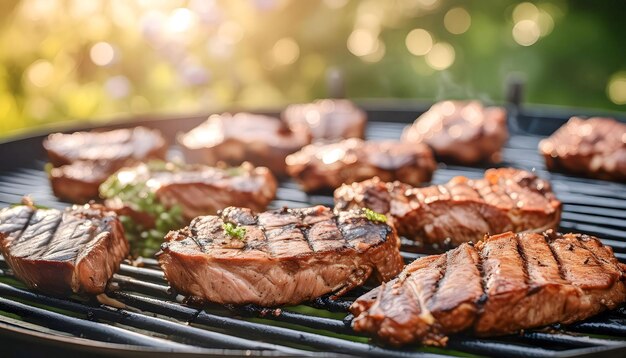 Photo close up of grill with meat cooking