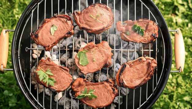 Photo close up of grill with meat cooking